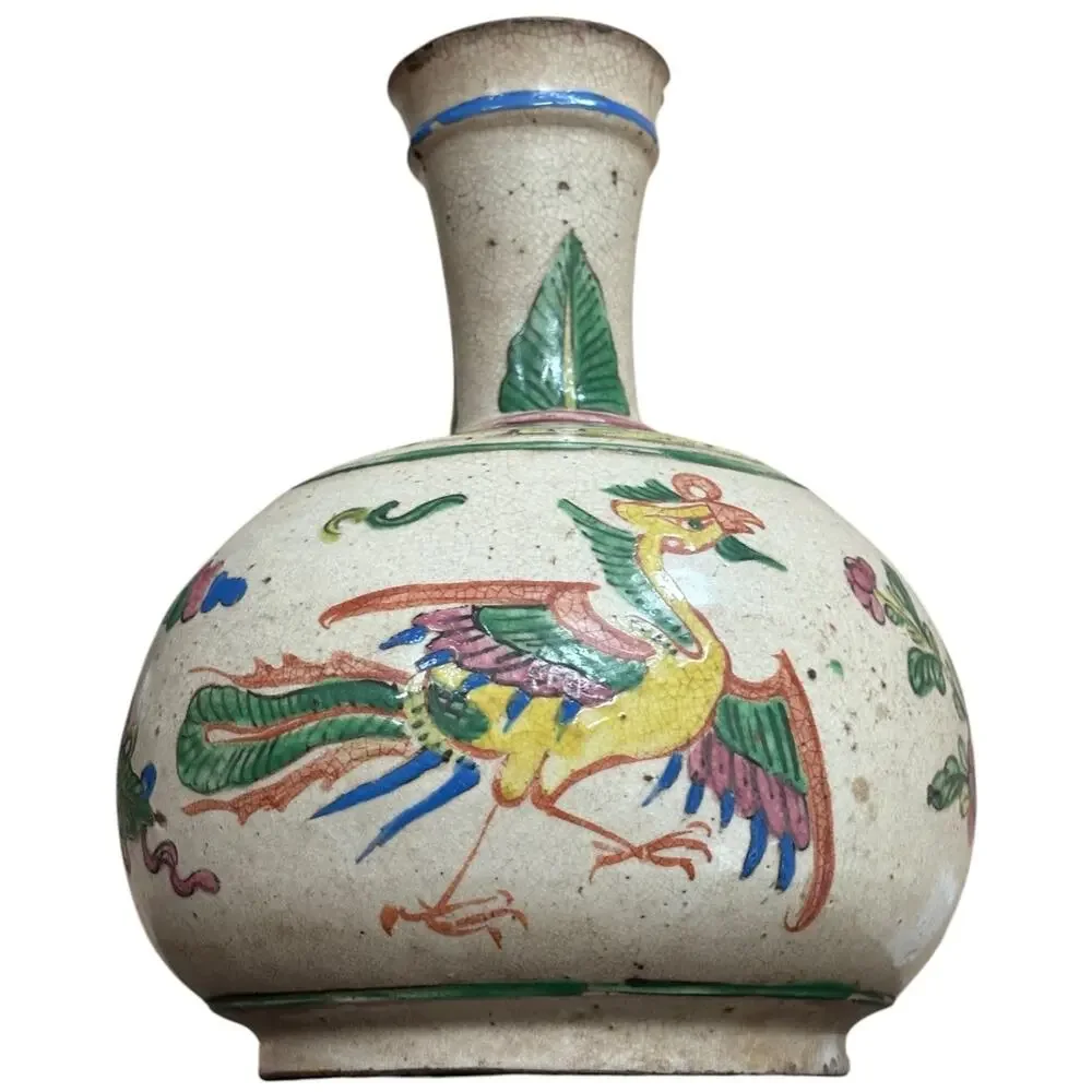 Chinese Phoenix Bottle Vase Crackle Glaze Famille Rose Style Floral Vtg Decor